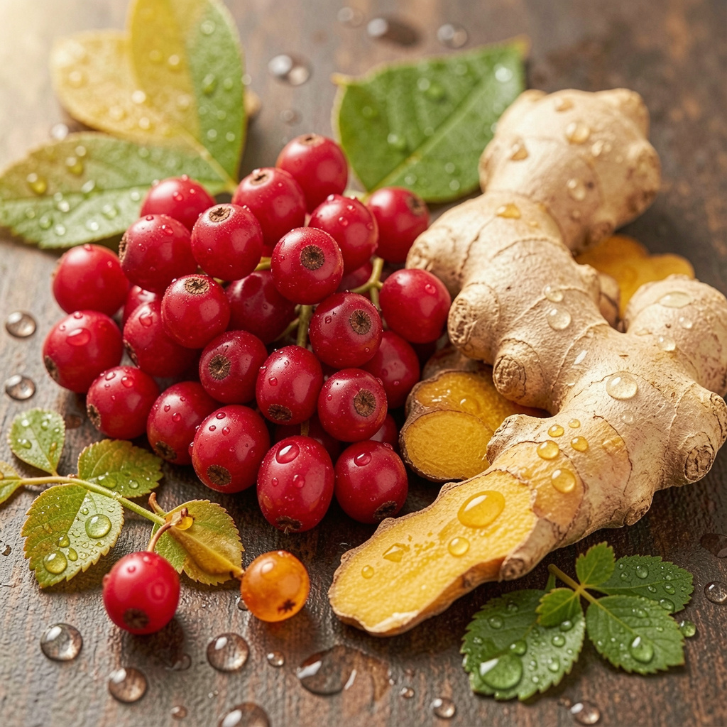 Premium botanical ingredients including hawthorn berries, turmeric root, ginger, and plant extracts arranged naturally